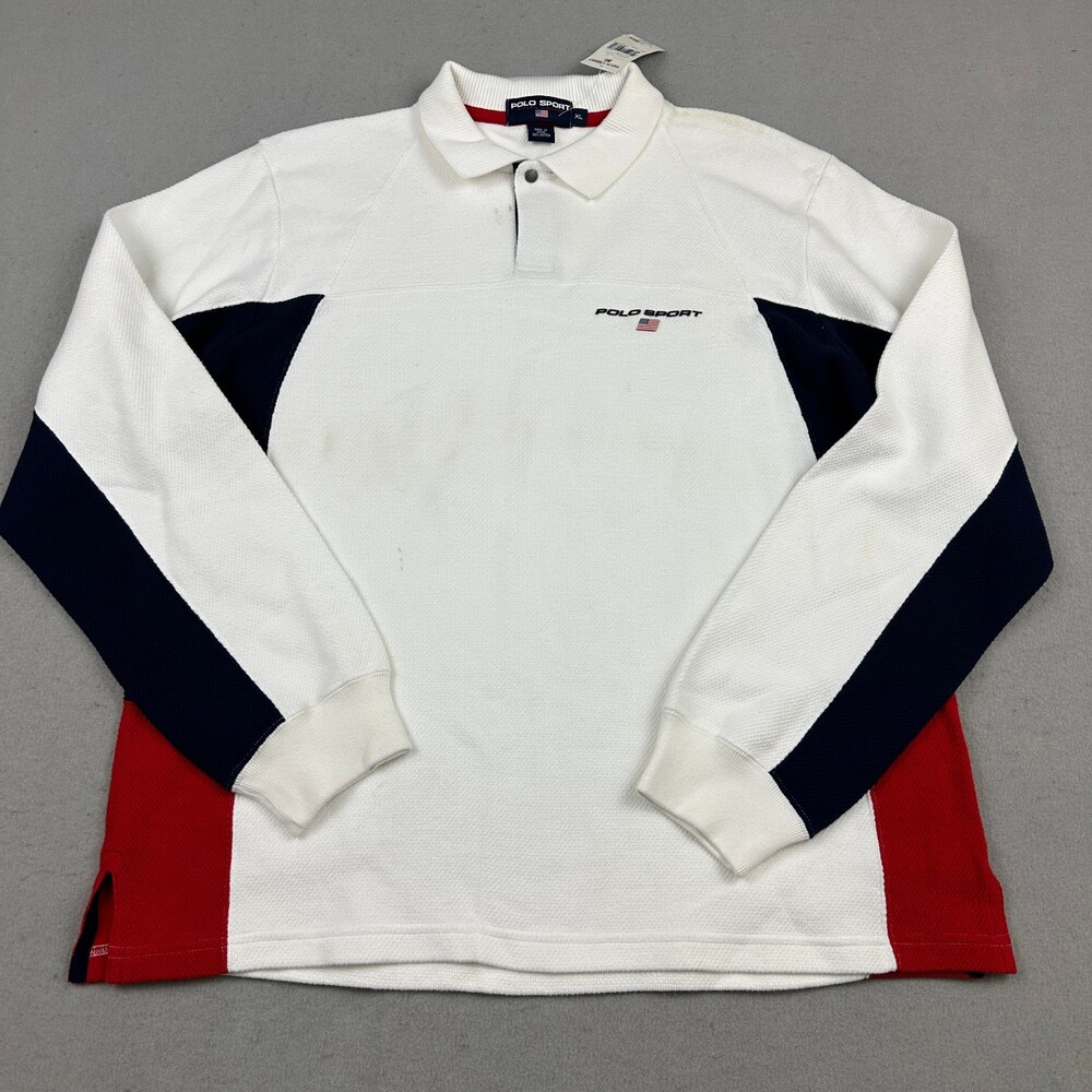 Vintage Polo Sport Shirt Men Extra Large White Blue Rugby Polo Pique Y2K 2000s *